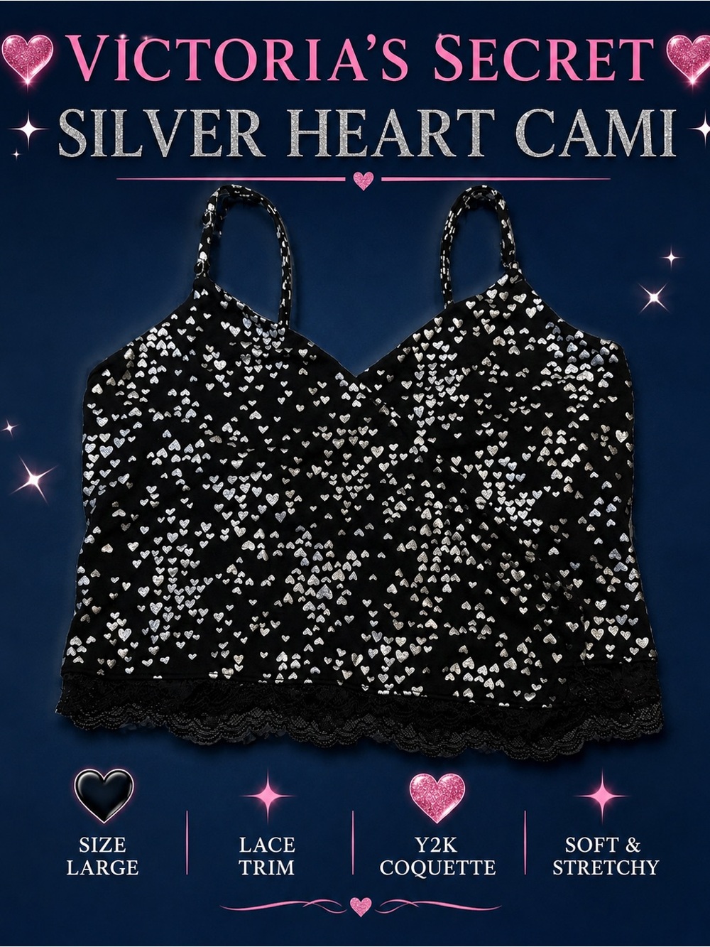 Victoria’s Secret Black Silver Heart Print Lace Trim Cami Crop Top Large Y2K